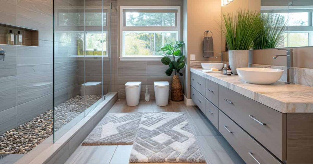 aesthetic view of a bathroom with pebble shower floor