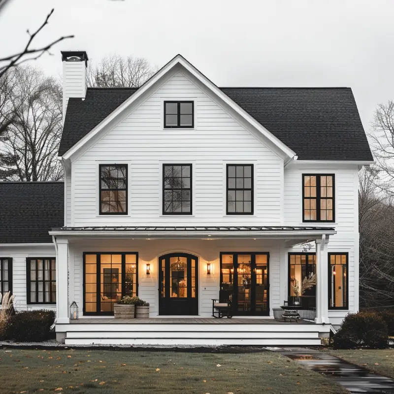 White brick house with black roof and glass window