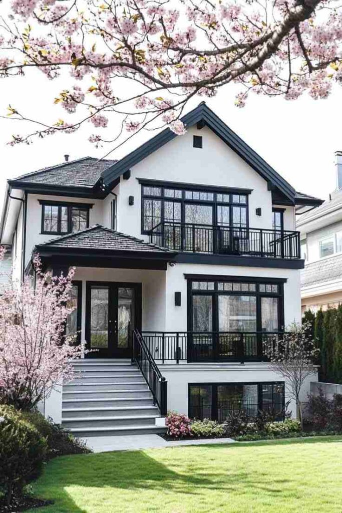 A black trim windows and black glass front door and black balcony