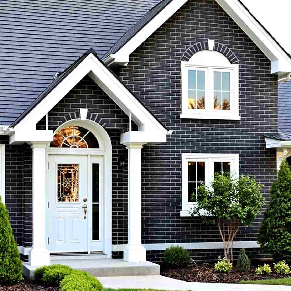 Black brick with white trim and white framed window and door