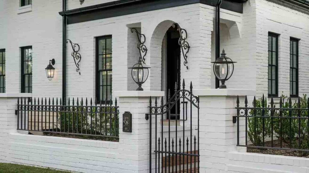 A black fencing and black door and white brick house and lights on the wall and black window
