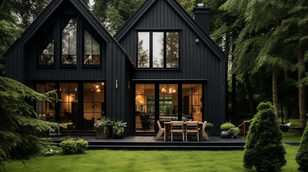 A black house and black framed window and chairs and table and garden outside of the house