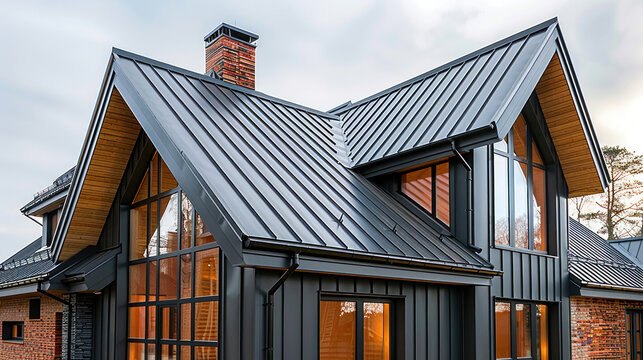A black metal roof with wood sliding and black trim glass window and lights