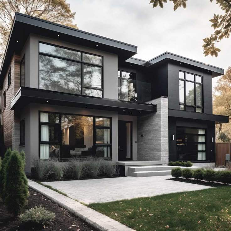 A black metals window and dark and lights gray house and plants outside of the house