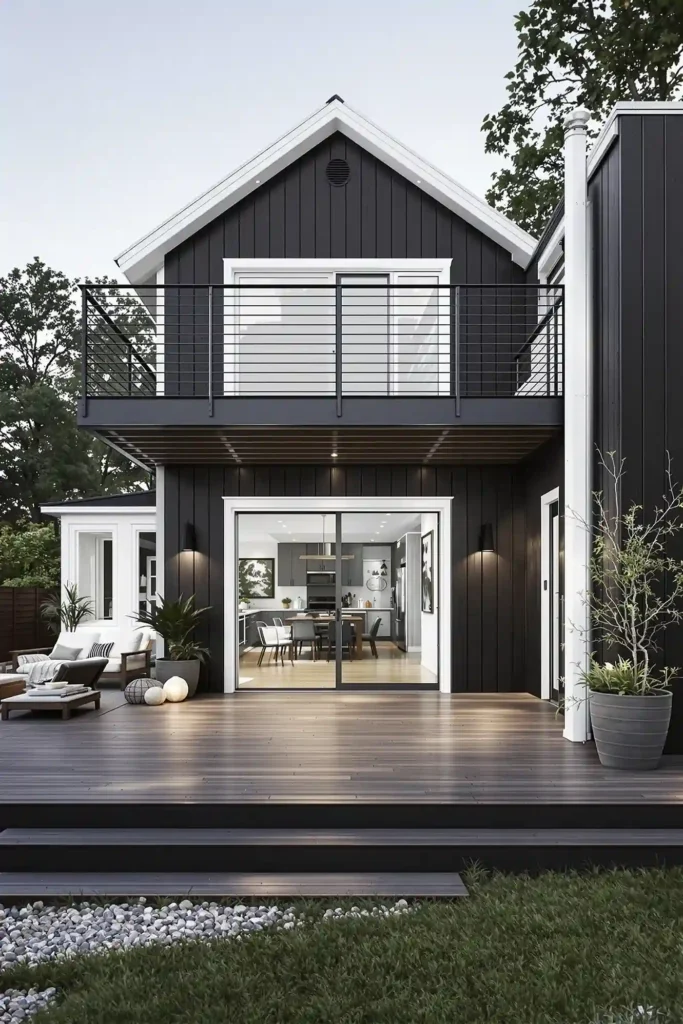 A white trim house and celling lights on the wall and black balcony and glass door