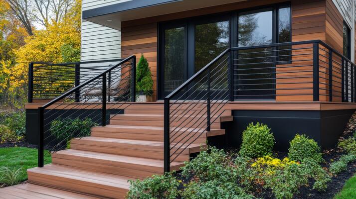 A wooden staircase with black metal railing and trim glass window