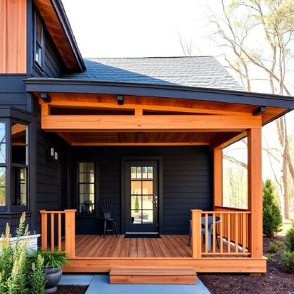 Black house and wooden deck and wooden glass door