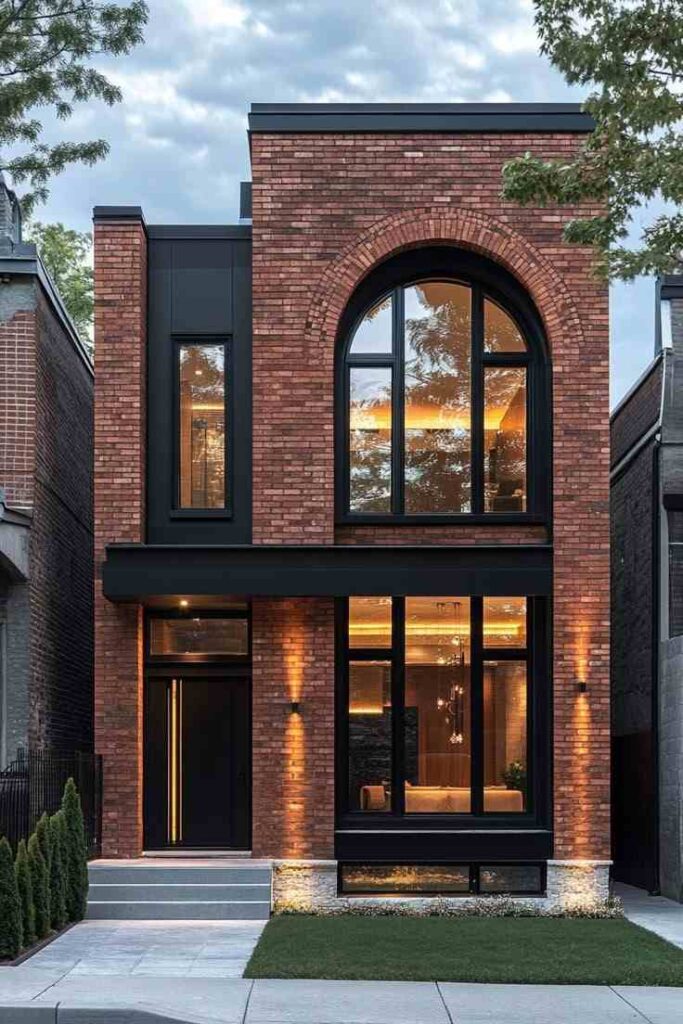 A brick house and curved brick front of the house and glass window and grass is front of the door