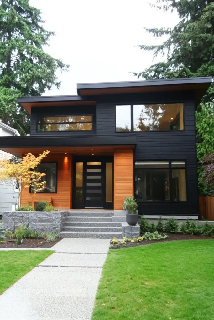A black house with celling lights and a pathway and garden on the both side of the house