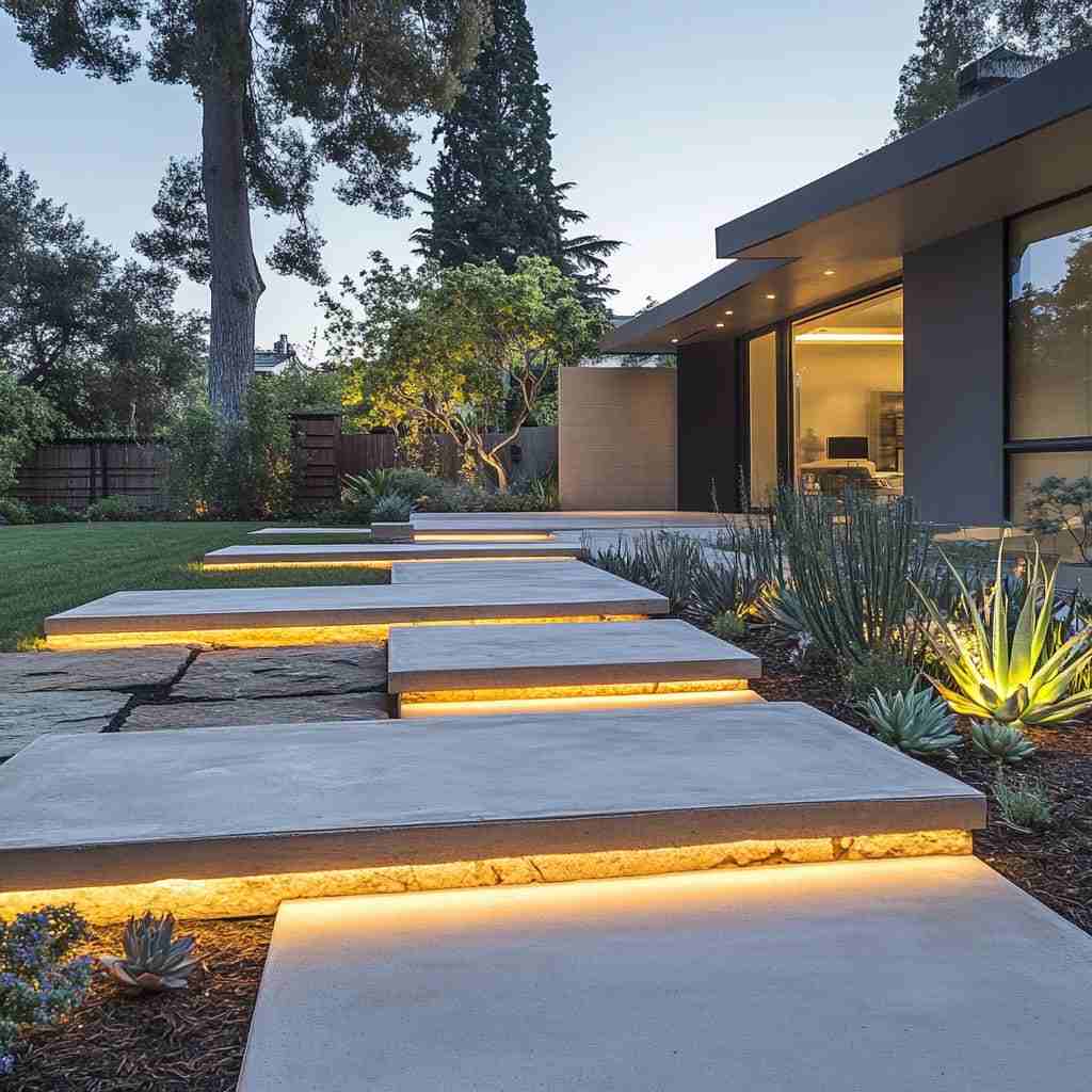 A stone pathway with warm lights and plants on the side of pathway