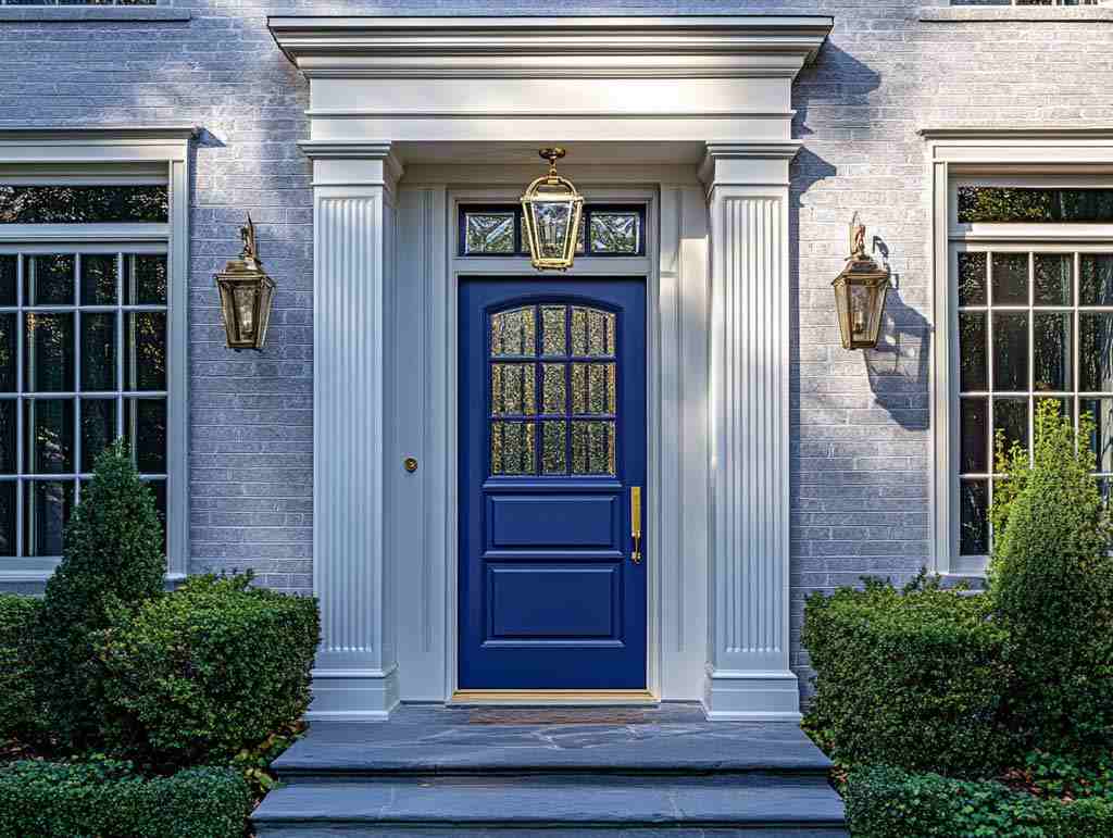 A white brick house and the bold blue colour door and celling lamp