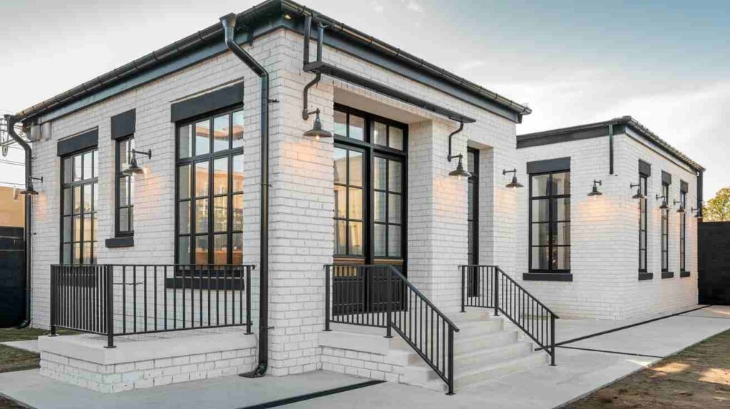 A white and black house and the roof in black and glass window with black trim and warm lights outside of the house