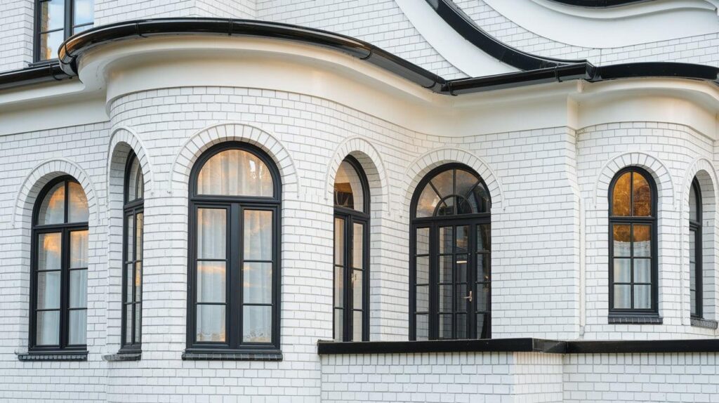 A white house and black framed curved windows