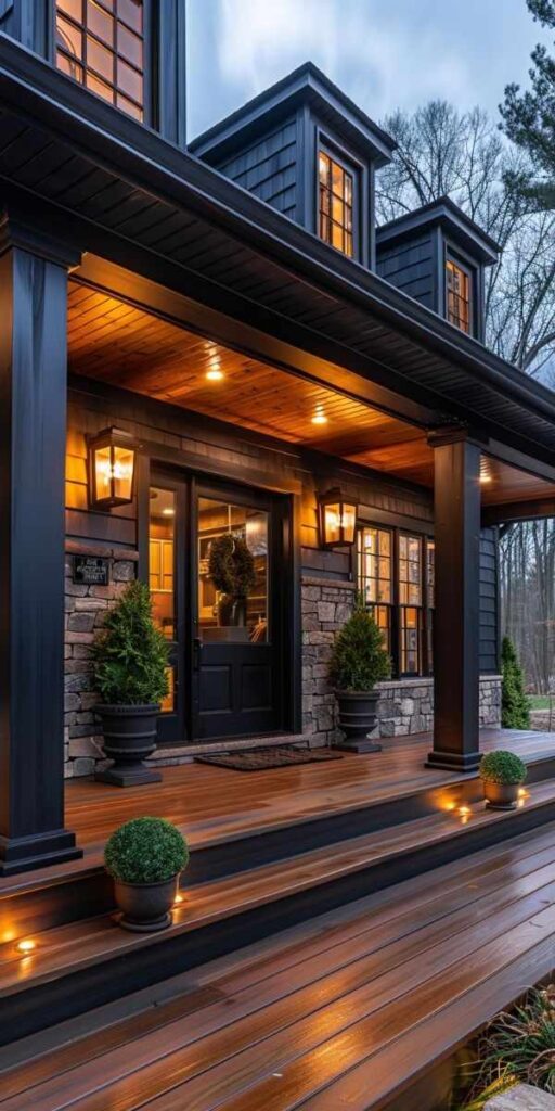 A wooden porch and celling lights above the wall and plants each side on of the house