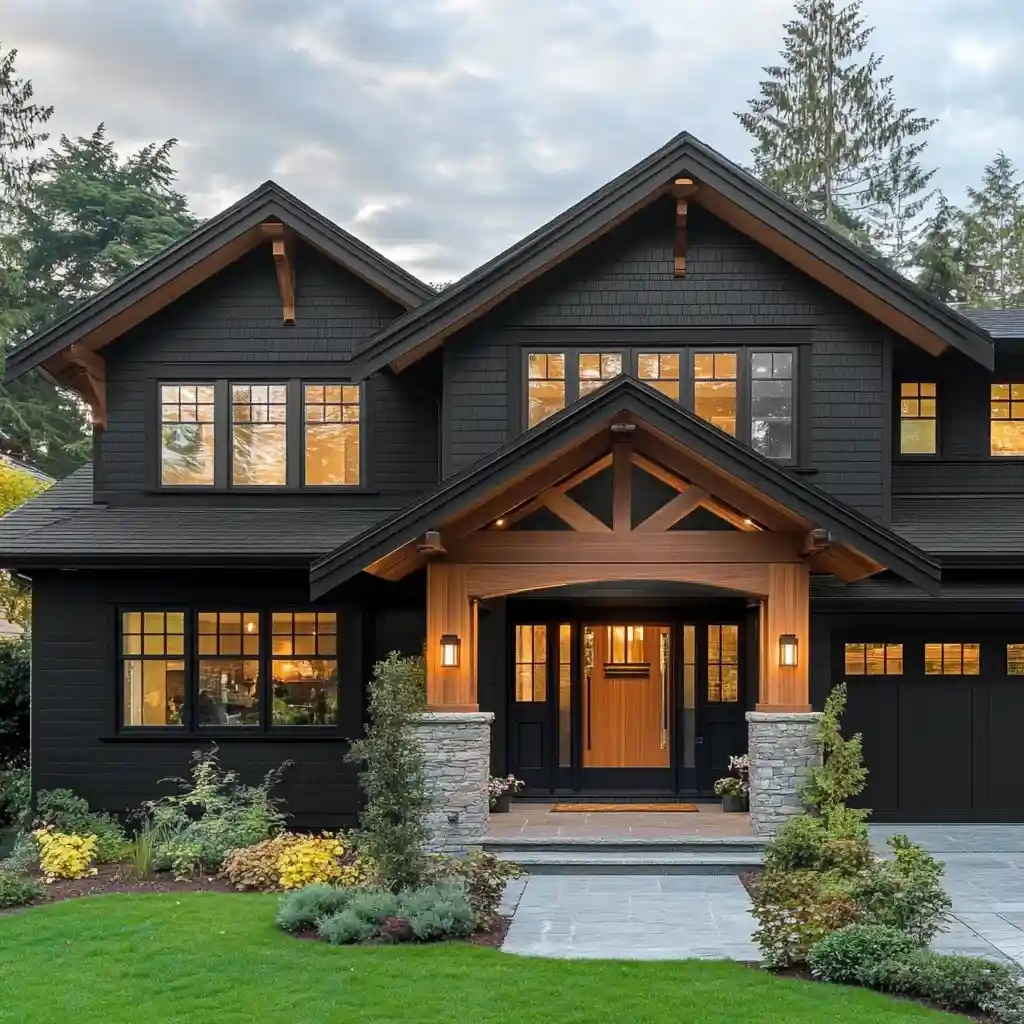 Black house with glass window and wooden front door and pillar and garden outside of the house