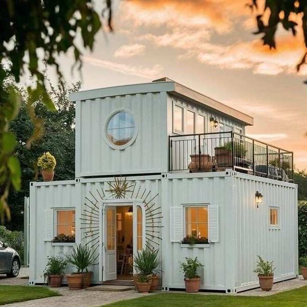 A white house with add container and glass windows 