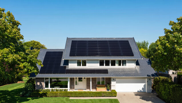 A white house with black roof and solar panels and white pillars