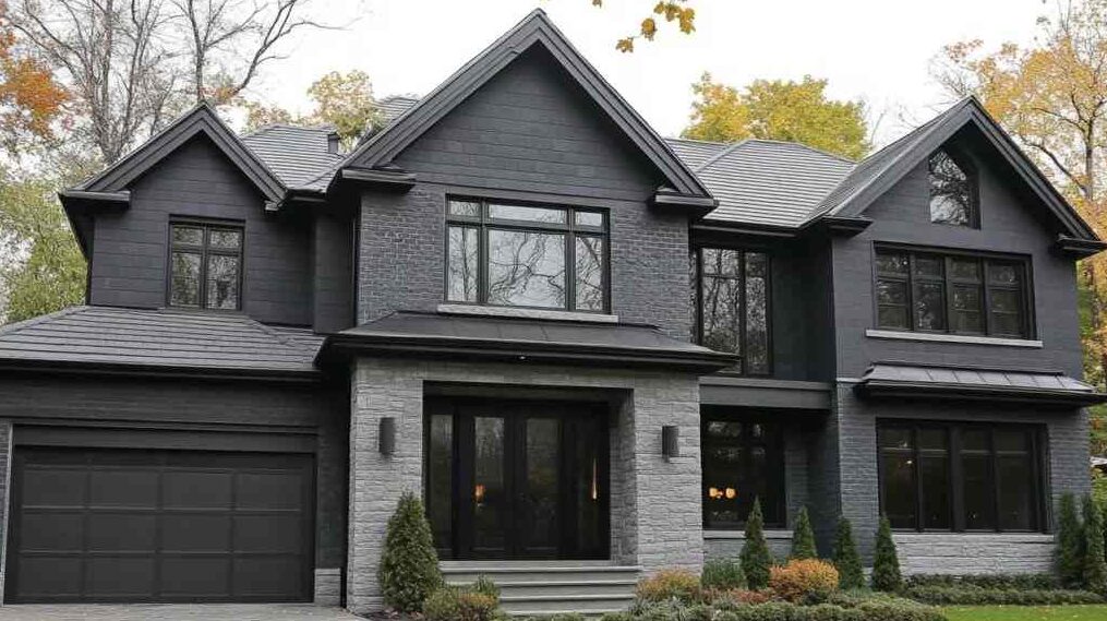 A brick house with grey and black windows and black garage