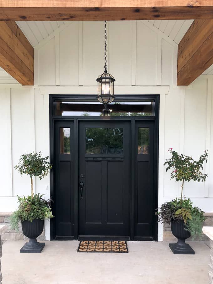 Black front door on white house and mat on the floor