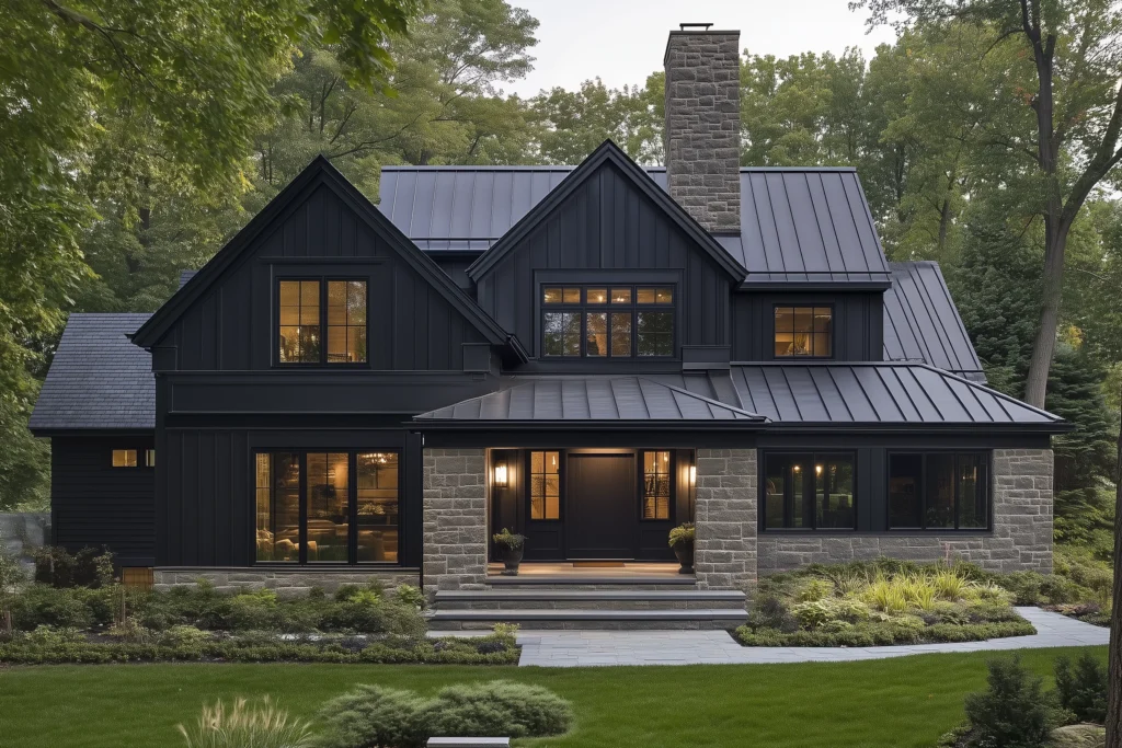 A black gable roof and warm lights black front door and garden outside of the house
