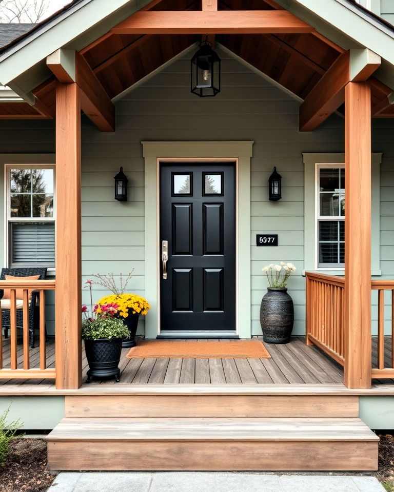 Sage green house with black lights o the wall and door and wooden pillars 