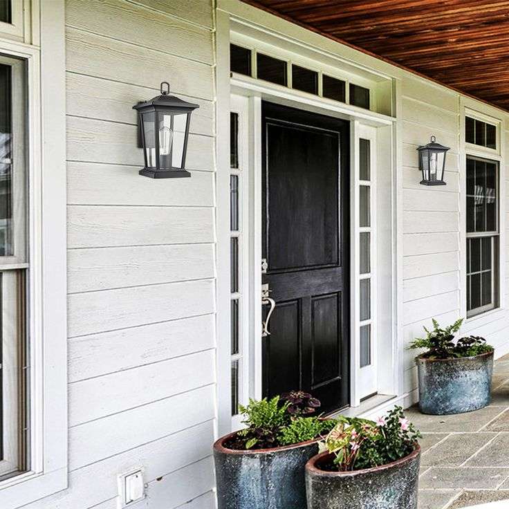 Black light on the white wall and and black front door and plants outside of the door