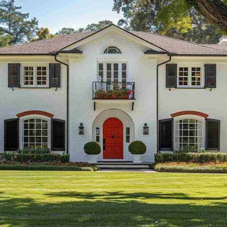 Black trim on white house with red door and garden outside of the house 