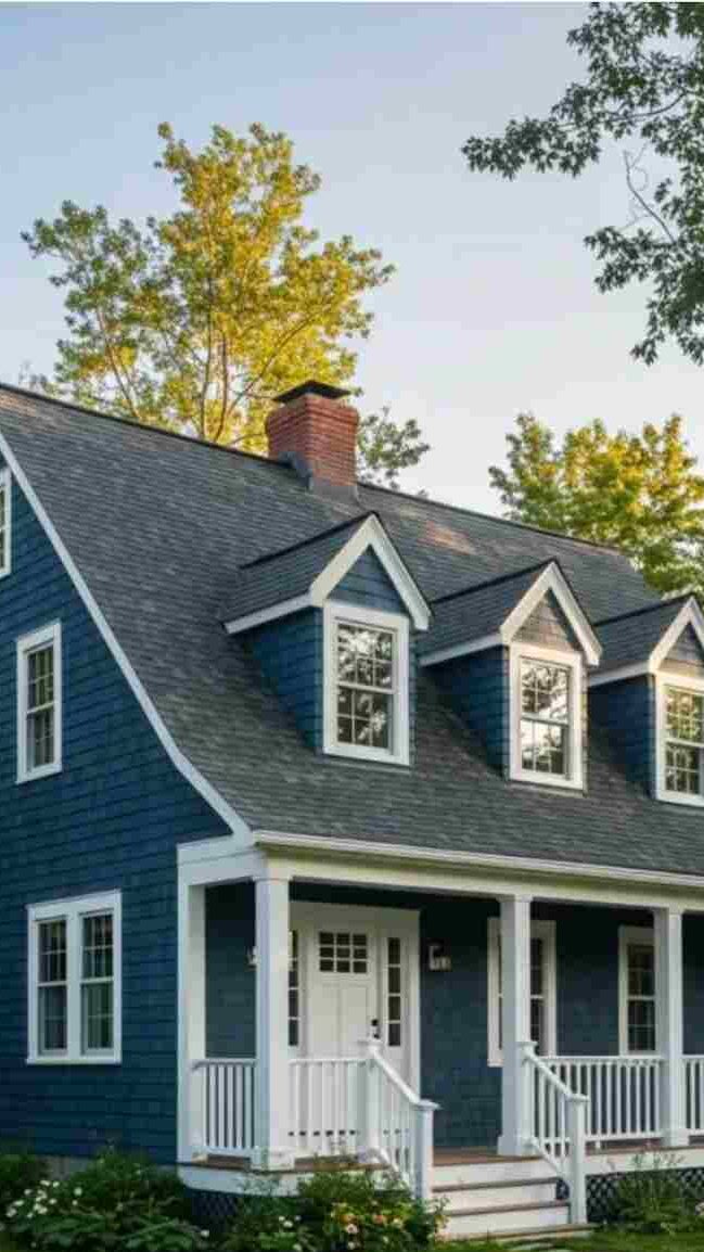 A blue house with house with black trim dormers and white stairs and railing