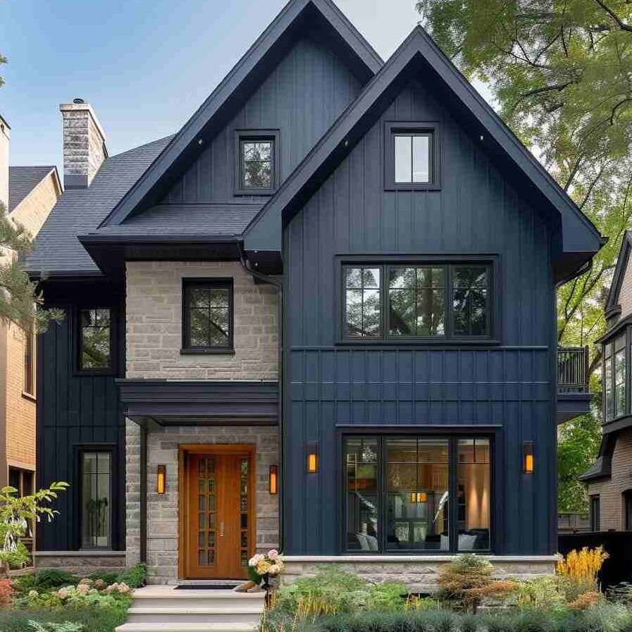 Blue house with black trim and warm lights