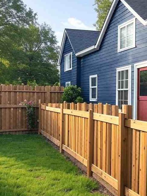 Cedar fencing around dark blue house and red door and white trim