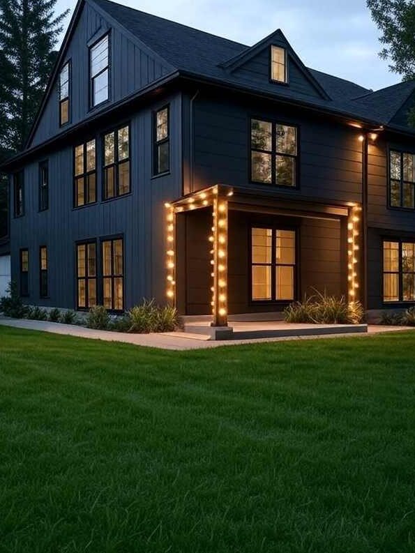 Cedar fixture lights with dark grey house and garden outside of the house
