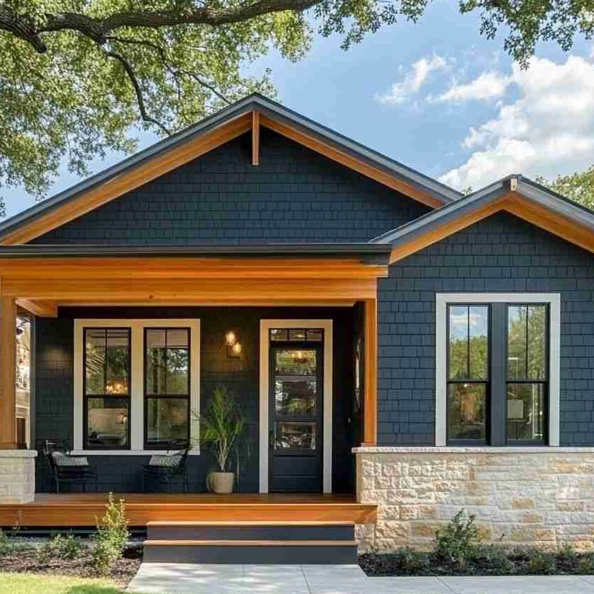 Cedar soffits with dark blue house white trim windows