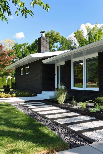 A black house with stone pathway and white trim