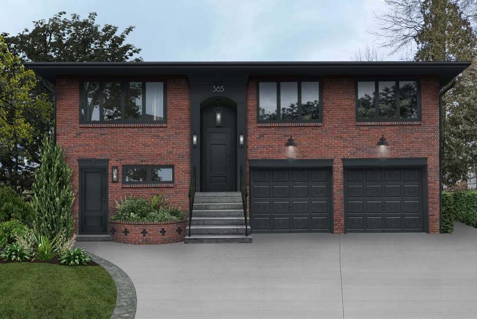 Garage door on red brick house and celling light on the wall