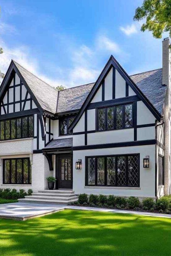 Classic tudor on white house and black trim and lights on the wall