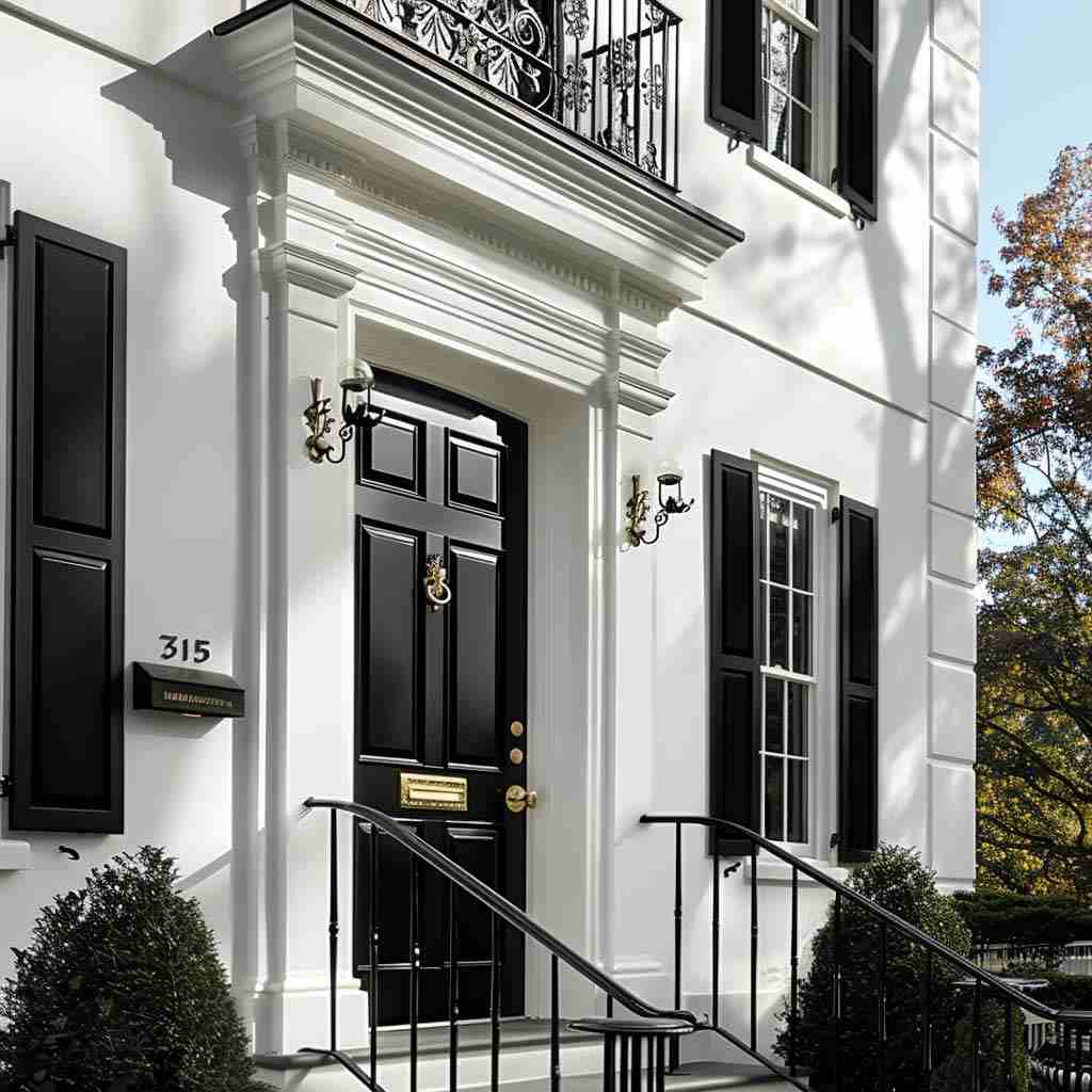 A white house with black door and railing 