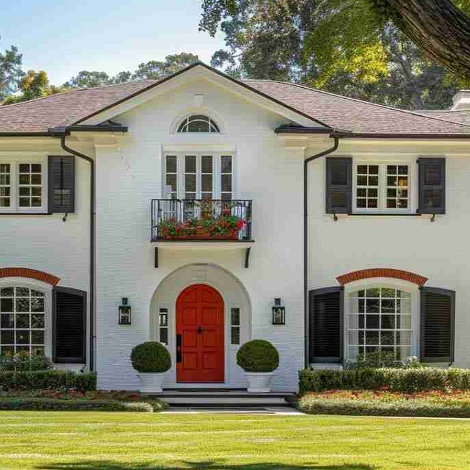 A white house with red door and windows and black shutter 