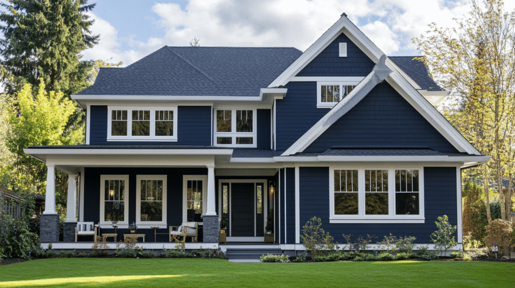 Bold blue house with white trim and garden outside and chair on the porch