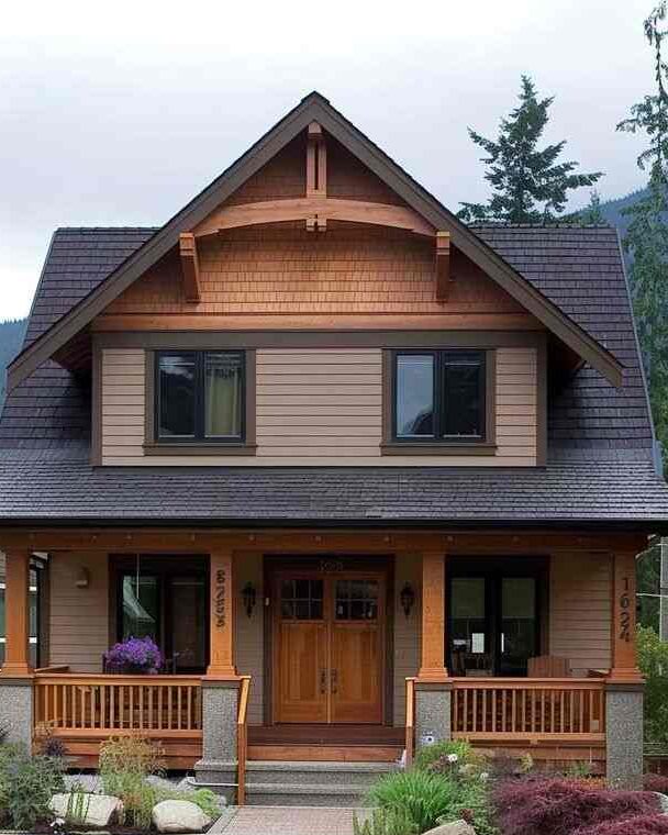 A tan house with brown awning and glass windows