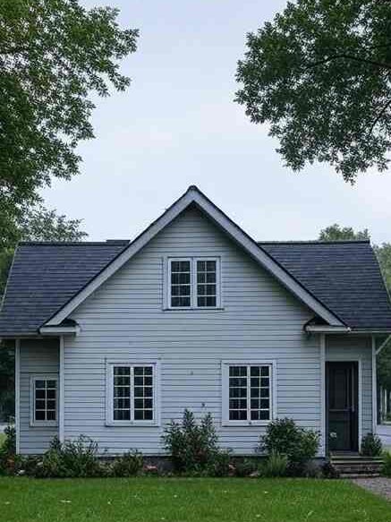Dark grey gable roof on light grey house and white trim windows