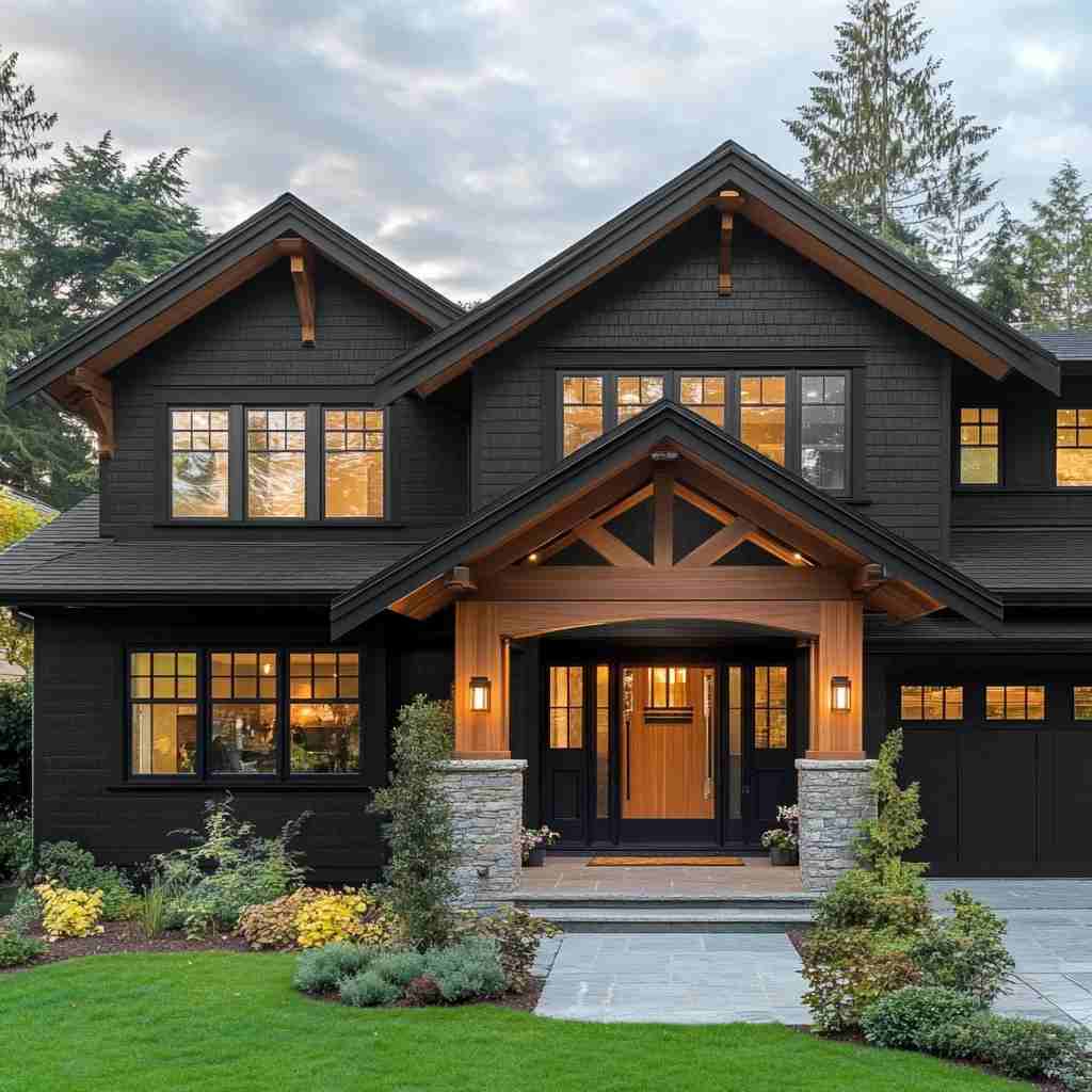 Grey house with wooden accents and black framed window and stone and wooden pillars and light on the pillars