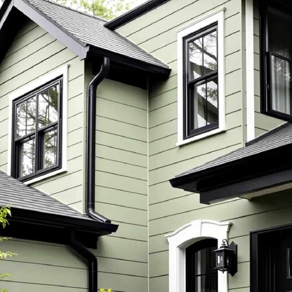 Green house with black gutter and black framed glass windows