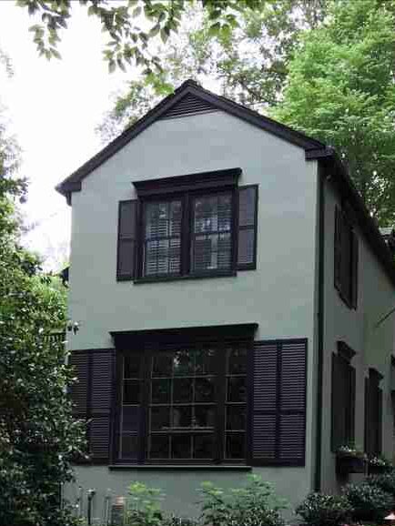 A green house with black trim and windows and shutters 