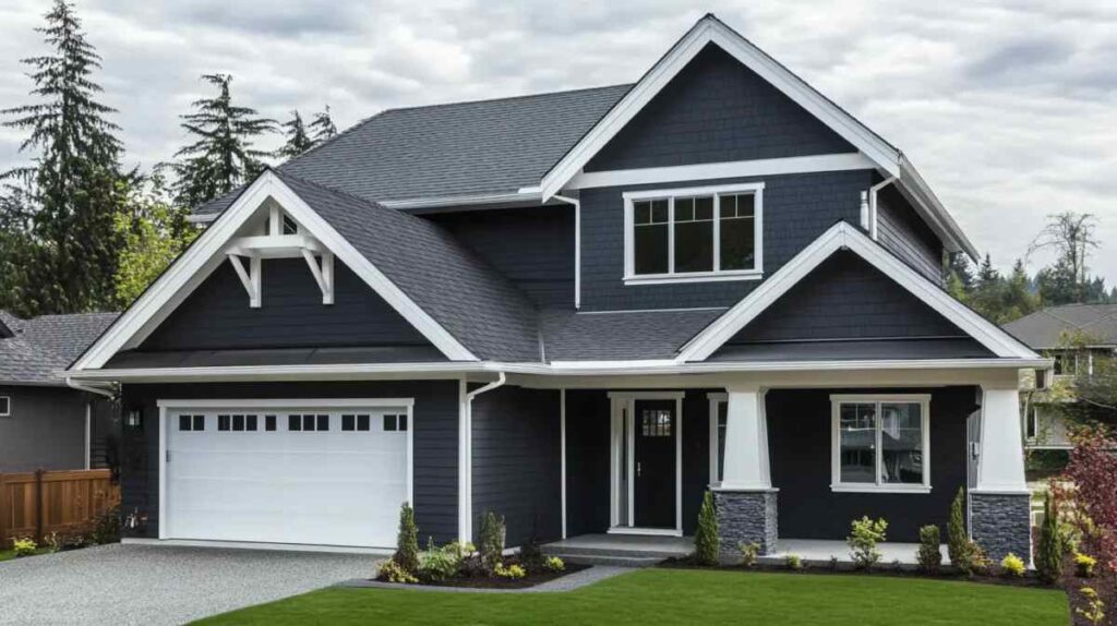 Grey house with white windows and garden outside of the house and white and sone base pillars 