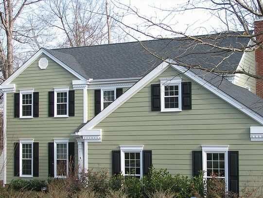 Light green house with white trim and black shutter and vinyl siding