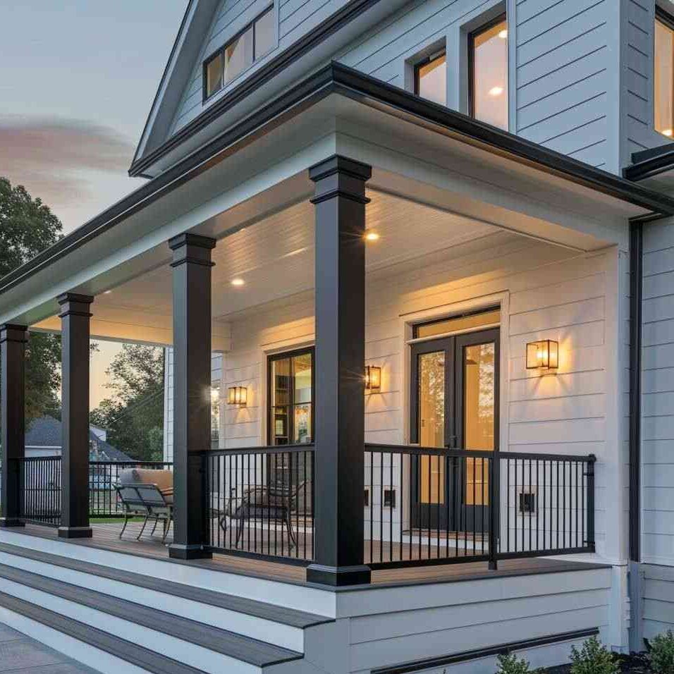 Light grey house  on dark grey pillar and lights on the wall 
