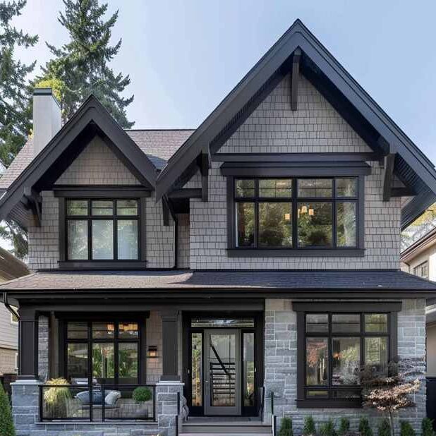 Light grey ranch-style house with dark grey fascia and glass windows 