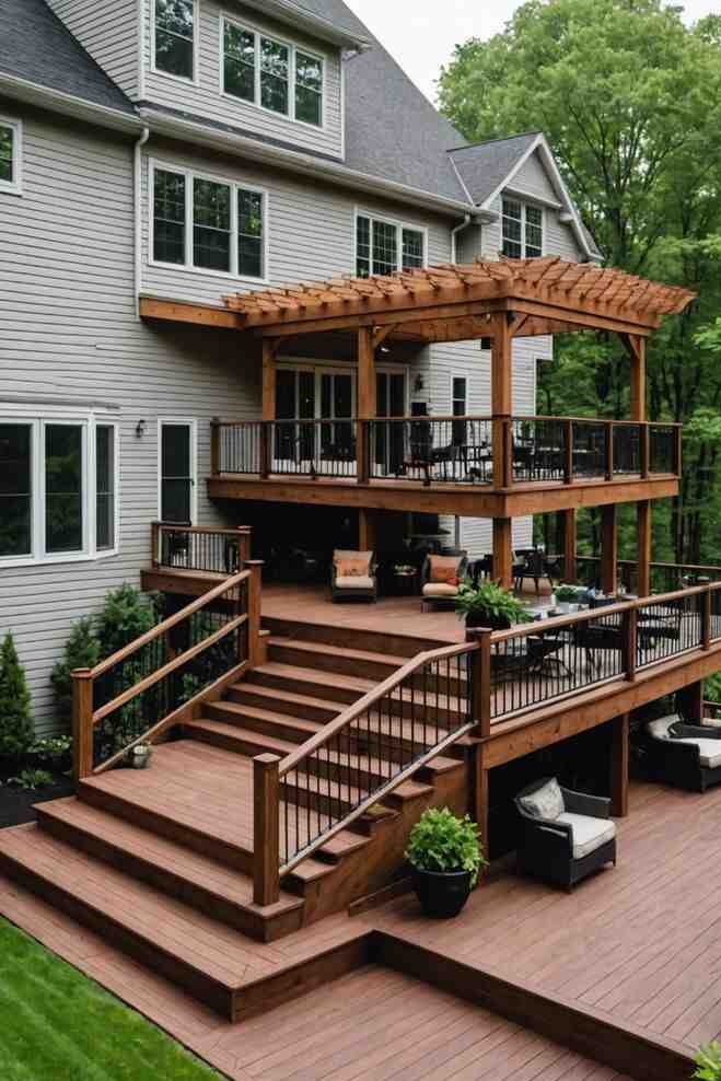 Light grey house with wooden deck and wooden balcony and white trim windows 