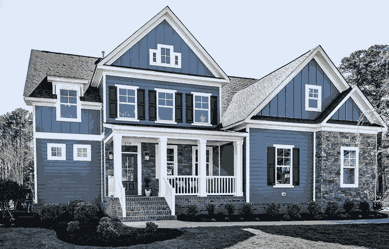 Modern blue board and batten siding with black shutters and white trim