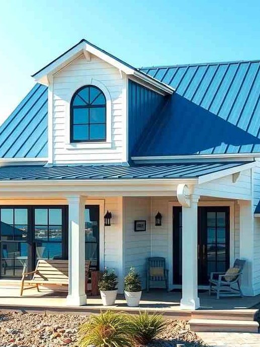 Blue house with white beams and white trim and plants pot outside of the house